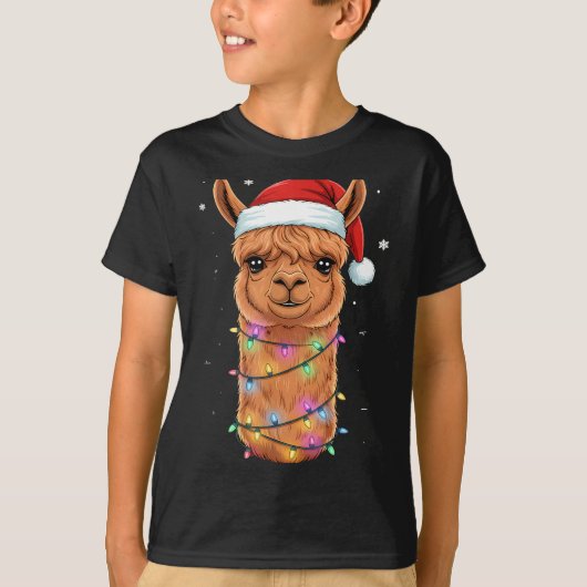 Christmas Lights Alpaca Santa Hat Llama Cute Xmas  Tシャツ (正面)