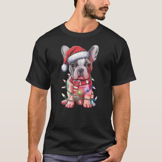 Christmas Lights French Bulldog Santa Hat Funny Do Tシャツ (正面)