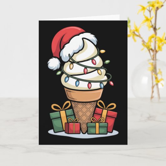 Christmas Lights Ice Cream Cone With Santa Hat Des カード (黄色い花)