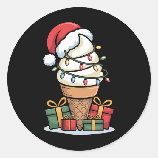 Christmas Lights Ice Cream Cone With Santa Hat Des ラウンドシール (正面)