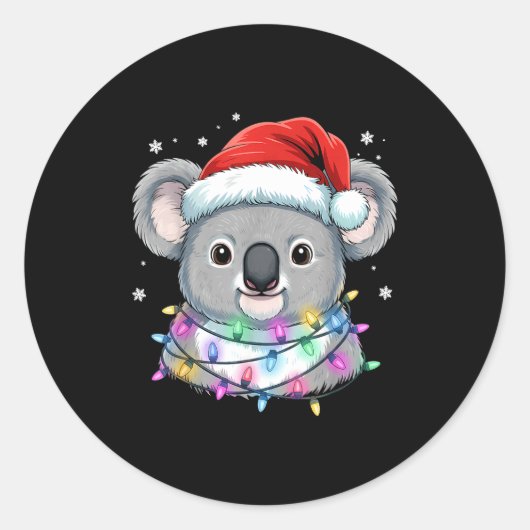 Christmas Lights Koala Santa Hat Cute Xmas Pajamas ラウンドシール (正面)