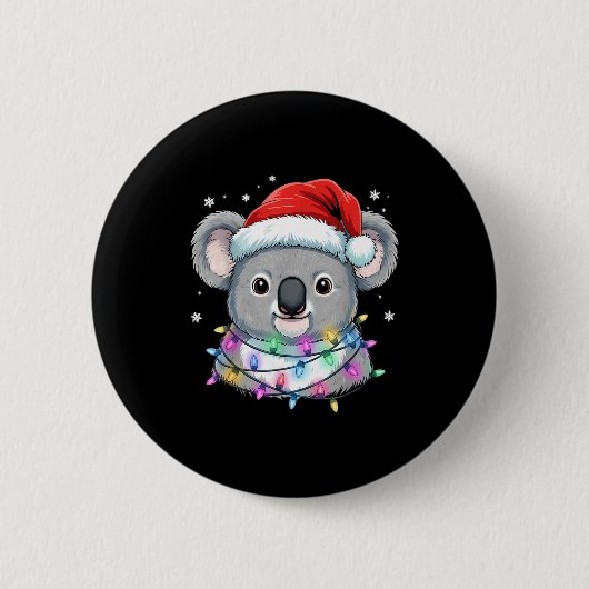 Christmas Lights Koala Santa Hat Cute Xmas Pajamas 缶バッジ (正面)