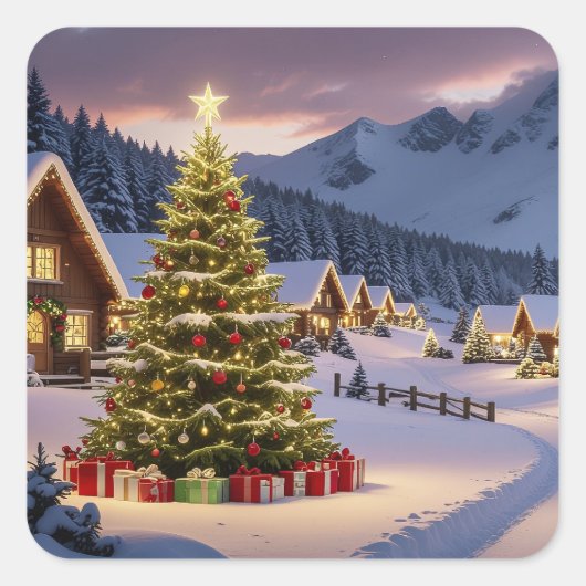 Christmas lights landscape with snow スクエアシール (正面)