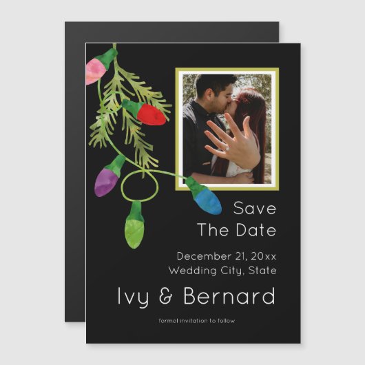 Christmas Lights on Black Photo Save the Date マグネット招待状 (正面/裏面)