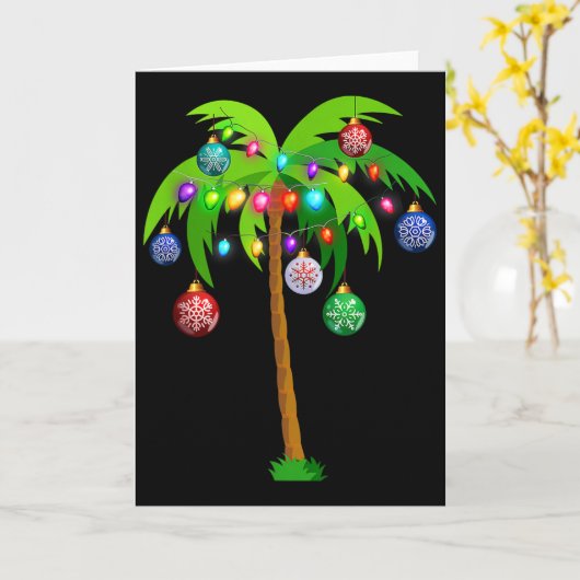 Christmas Lights Palm Tree Fun Hawaii Beach Tropic カード (黄色い花)