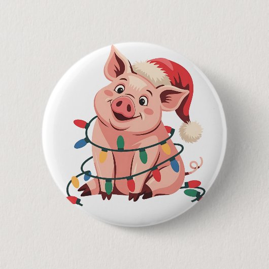 Christmas Lights Pig Wearing Xmas Hat - Pig Lover 缶バッジ (正面)