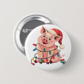 Christmas Lights Pig Wearing Xmas Hat - Pig Lover 缶バッジ (正面&裏面)