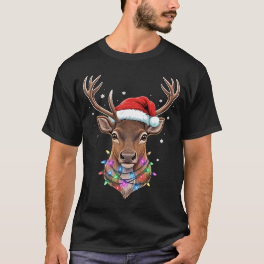 Christmas Lights Reindeer Santa Hat Cute Xmas Paja Tシャツ (正面)