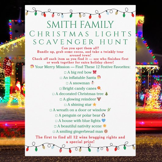 Christmas Lights Scavenger Hunt Printable Game 招待状