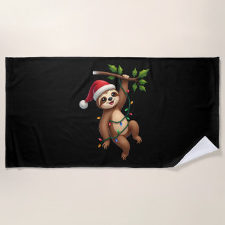 Christmas Lights Sloth Wearing Xmas Hat - Sloth Lo ビーチタオル