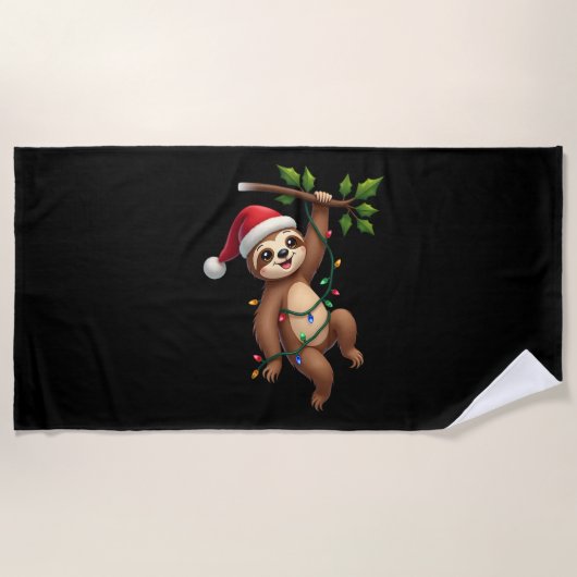 Christmas Lights Sloth Wearing Xmas Hat - Sloth Lo ビーチタオル (正面)