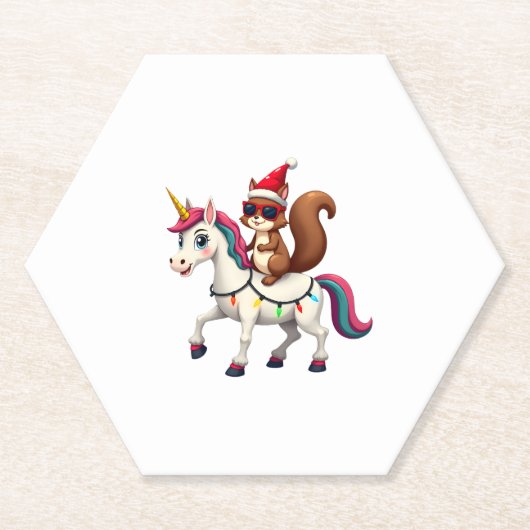 Christmas Lights Squirrel Riding Unicorn T-Shirt ( ペーパーコースター (正面)
