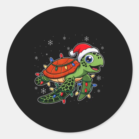 Christmas Lights Turtle Wearing Xmas Hat - Lover ラウンドシール (正面)