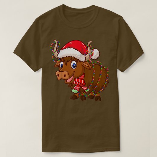 Christmas Lights Yak Wearing Xmas Hat  Yak Lover  Tシャツ (デザイン正面)