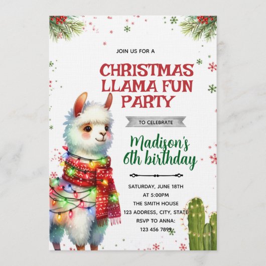 Christmas Llama Birthday Invitation 招待状 (正面)