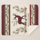 Christmas Lodge Merry Bright Deer Buffalo Plaid シェルパブランケット (正面(横))