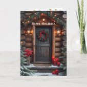 Christmas Log Cabin Pine Trees Red Poinsettia  カード (正面)