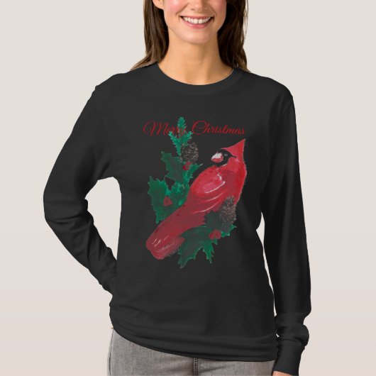 Christmas Long Sleeve T-Shirt Red Cardinal Holly  Tシャツ (正面)