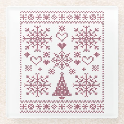 Christmas Lover Cross Pattern Sampler Design ガラスコースター (正面)