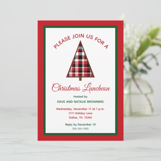 Christmas Luncheon Red Plaid Christmas Tree 招待状 (スタンド正面)