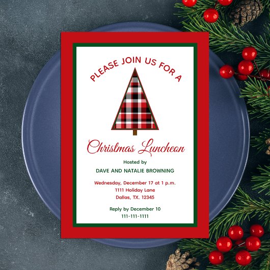 Christmas Luncheon Red Plaid Christmas Tree 招待状