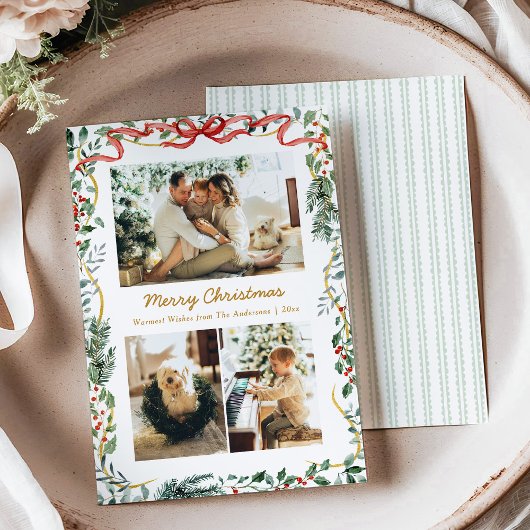 Christmas Lush Winter Greenery & Red Bow 3 Photo シーズンカード