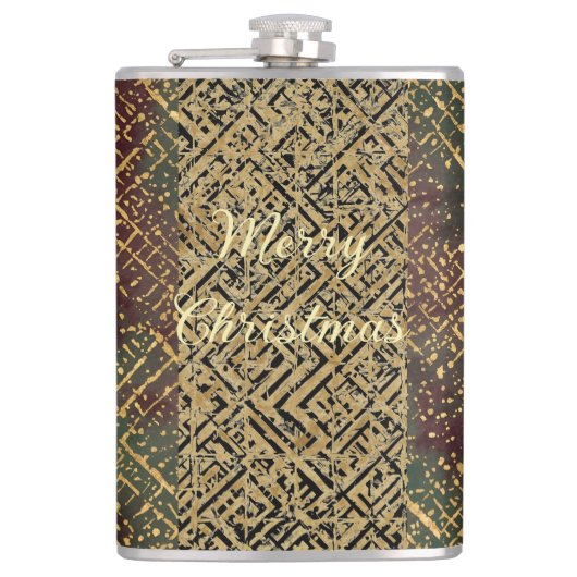 Christmas, Luxury Pattern, Red Gold Green Black フラスク (正面)