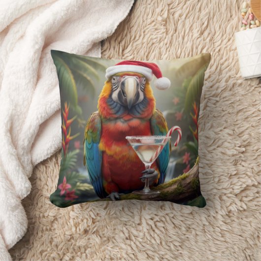 Christmas Macaw Parrot With Martini Cocktail クッション (ブランケット)