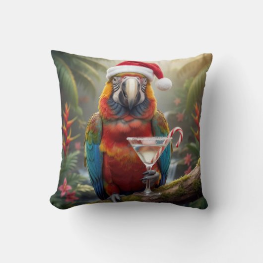 Christmas Macaw Parrot With Martini Cocktail クッション (正面)