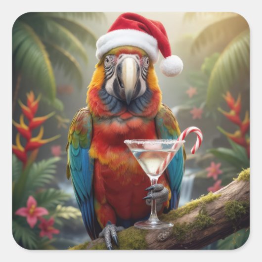 Christmas Macaw Parrot With Martini Cocktail スクエアシール (正面)