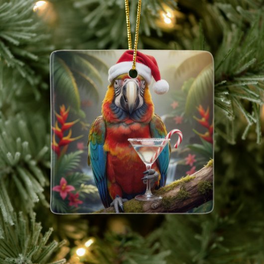 Christmas Macaw Parrot With Martini Cocktail セラミックオーナメント (ツリー)