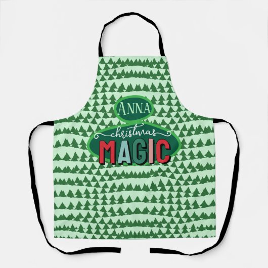 Christmas Magic Calligraphy Green Pine Trees Funky エプロン (正面)