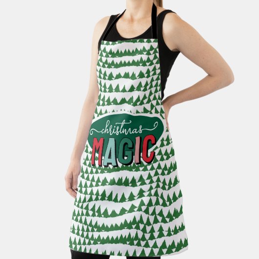 Christmas Magic Calligraphy Green Pine Trees Funky エプロン (インサイチュ)