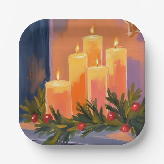 Christmas Mantle Candles Garland Painted Holiday ペーパープレート (正面)