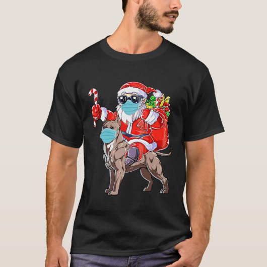 Christmas Mask Santa Riding Pitbull Xmas Boys Dog Tシャツ (正面)