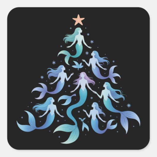 Christmas Mermaid Tree Girls Summer Holiday Xmas スクエアシール (正面)