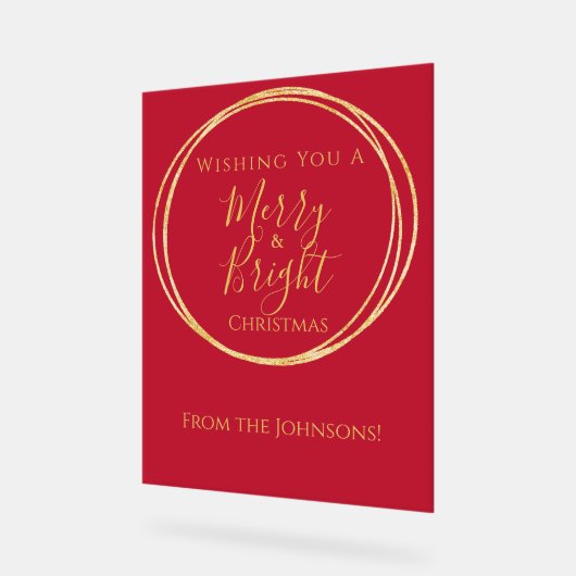 Christmas Merry and Bright Red Gold Party アクリルサイン (傾斜)