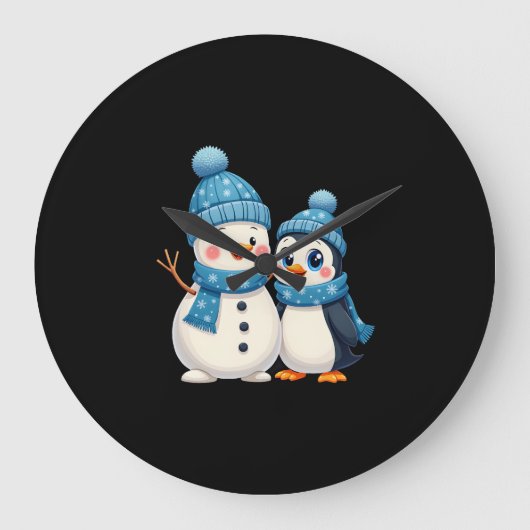 Christmas Merry Christmas For Gift Penguin Snowman ラージ壁時計 (正面)