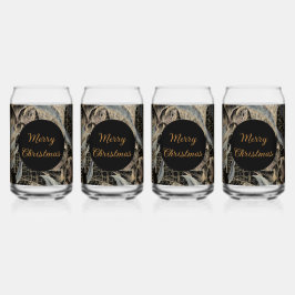 Christmas, Merry Christmas,Gold Blue Flowers Art  ガラス缶