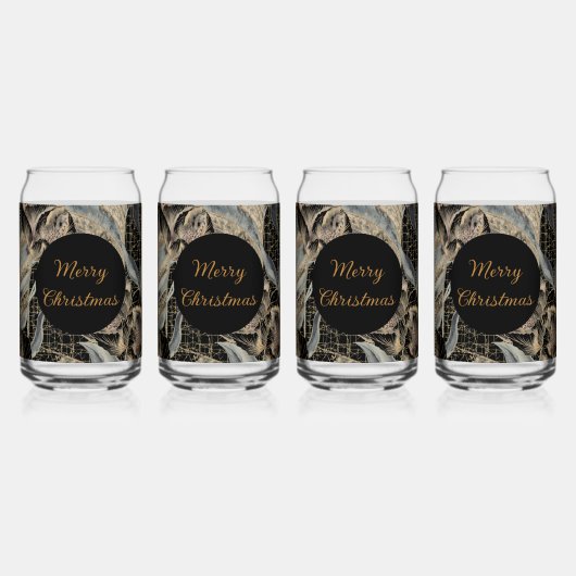 Christmas, Merry Christmas,Gold Blue Flowers Art ガラス缶 (正面)