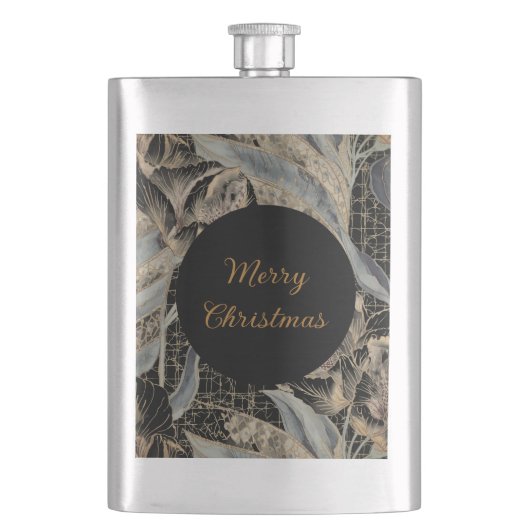 Christmas, Merry Christmas,Gold Blue Flowers Art  フラスク (正面)