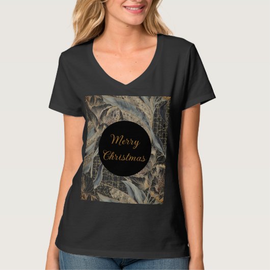 Christmas,Merry Christmas,Gold Blue Flowers Leaver Tシャツ (正面)