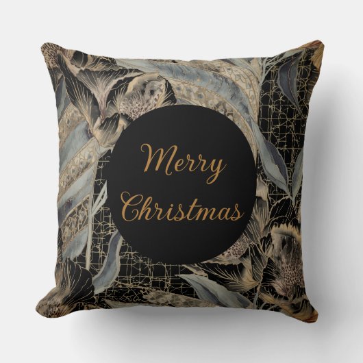 Christmas,Merry Christmas,Gold Blue Flowers Leaves クッション (正面)