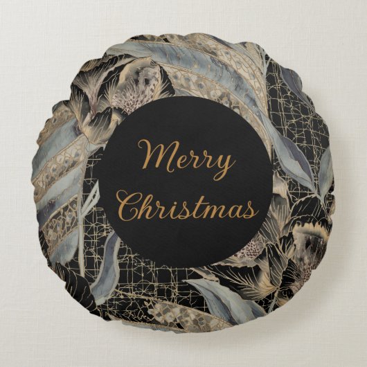 Christmas,Merry Christmas,Gold Blue Flowers Leaves ラウンドクッション (正面)