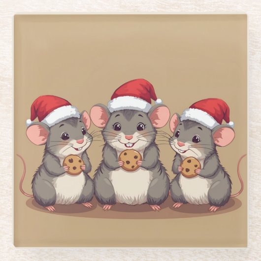 Christmas Mice Eating Santa's Cookies, Coaster ガラスコースター (正面)