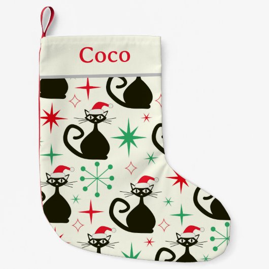 Christmas Mid Century Retro Atomic Cats Name  スモールクリスマスストッキング (正面)
