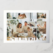Christmas Modern Letters Five Photos Family Silver 箔シーズンカード (正面)
