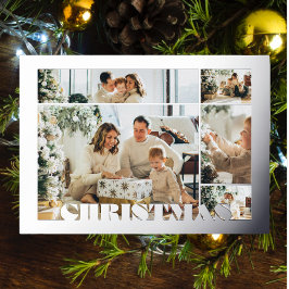 Christmas Modern Letters Five Photos Family Silver 箔シーズンカード