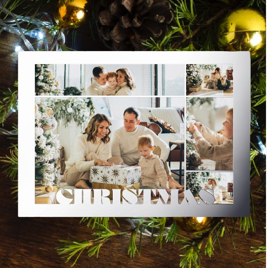 Christmas Modern Letters Five Photos Family Silver 箔シーズンカード