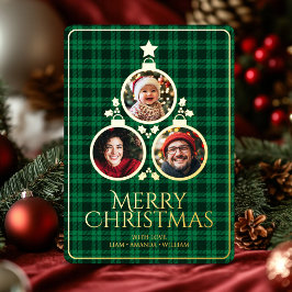 Christmas Modern Tartan Plaids Family Green Photo 箔シーズンカード